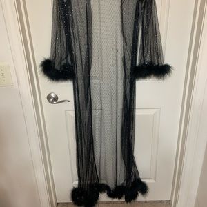 Sheer maxi robe with feather trim